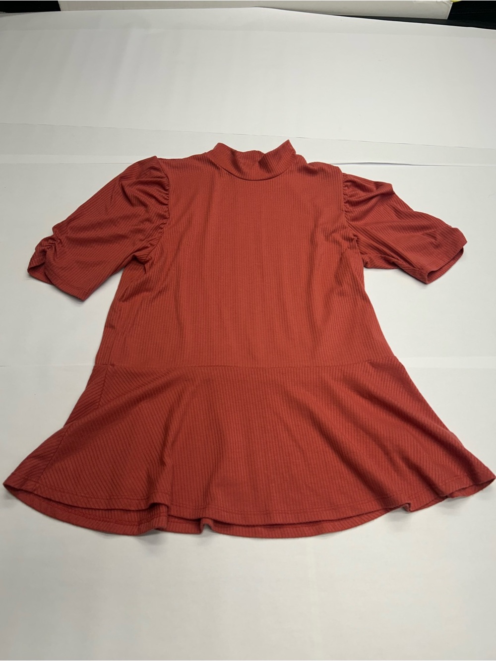 Love + Joy Ribbed Peplum Mock Neck Puff Sleeve Top Terracotta Rust Size XL